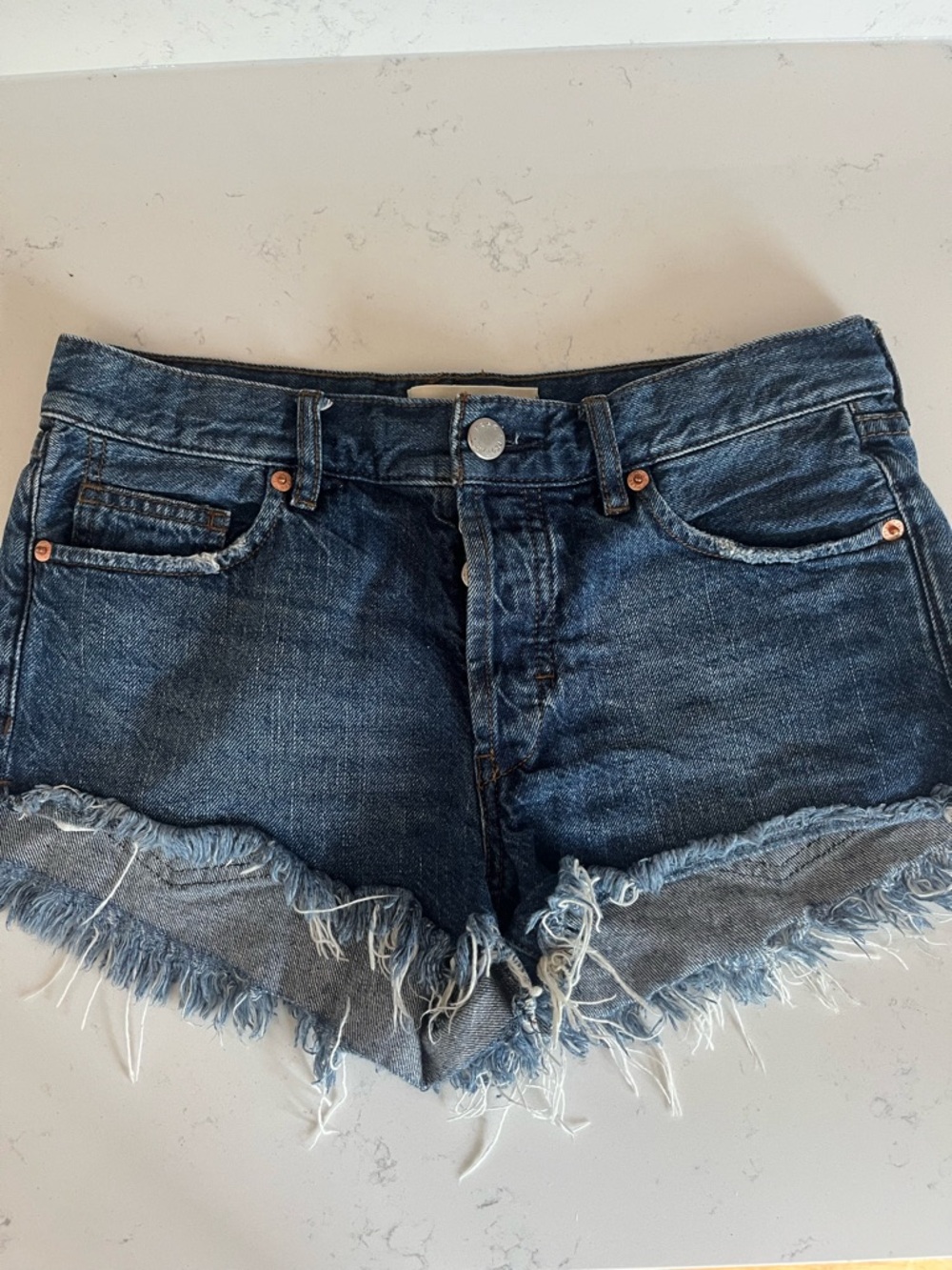 We The Free Indigo Frayed Hem Denim Cutoff Shorts